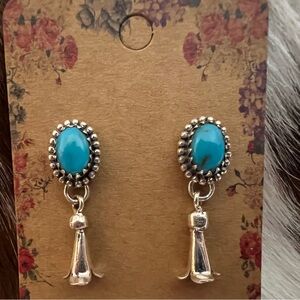 ❤️ Kingman Turquoise Sterling Silver Post Back Squash Blossom Earrings 1.15”L